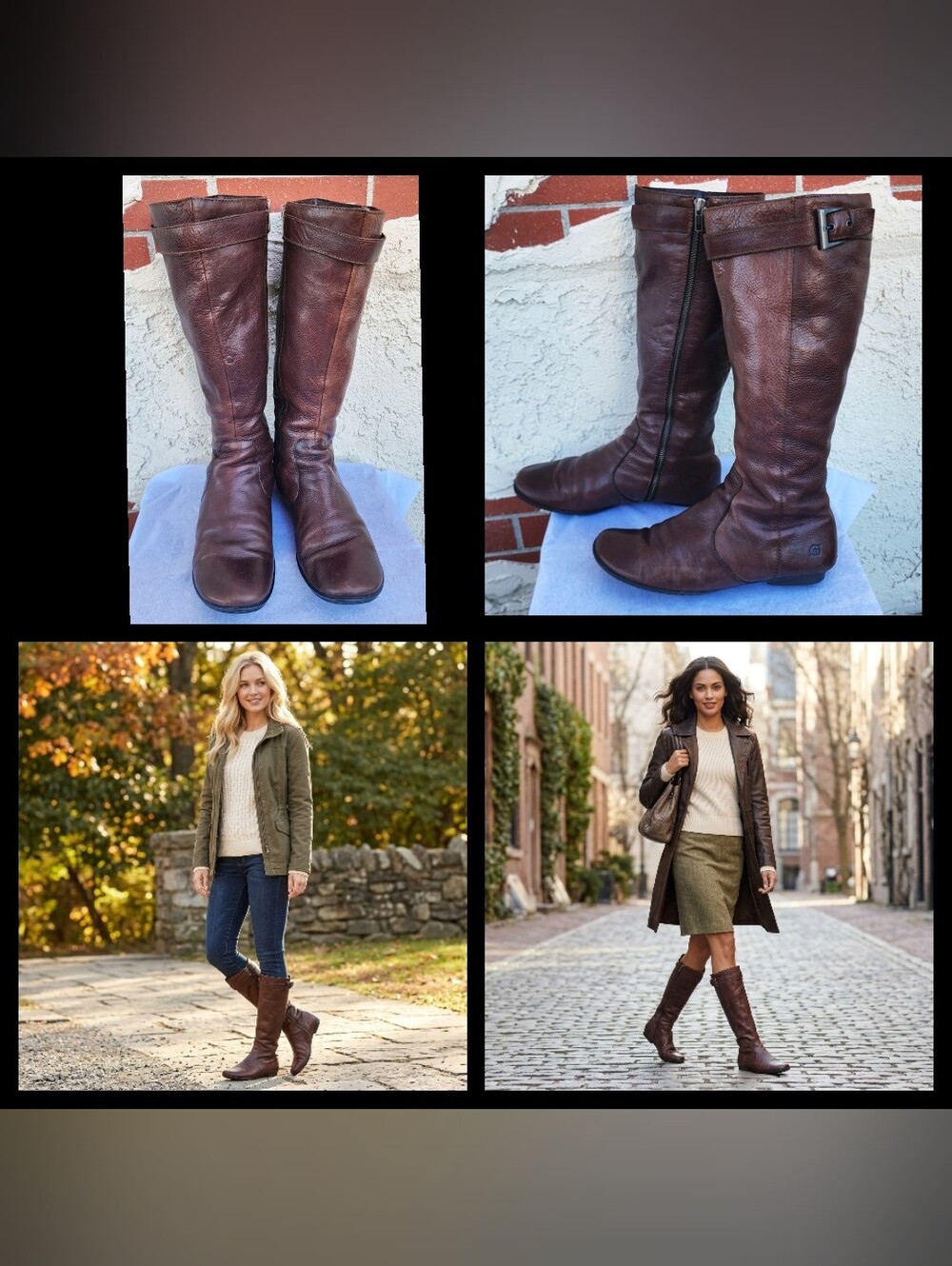 8 Women BORN brown tall knee high leather boots strap side zip low flat heels